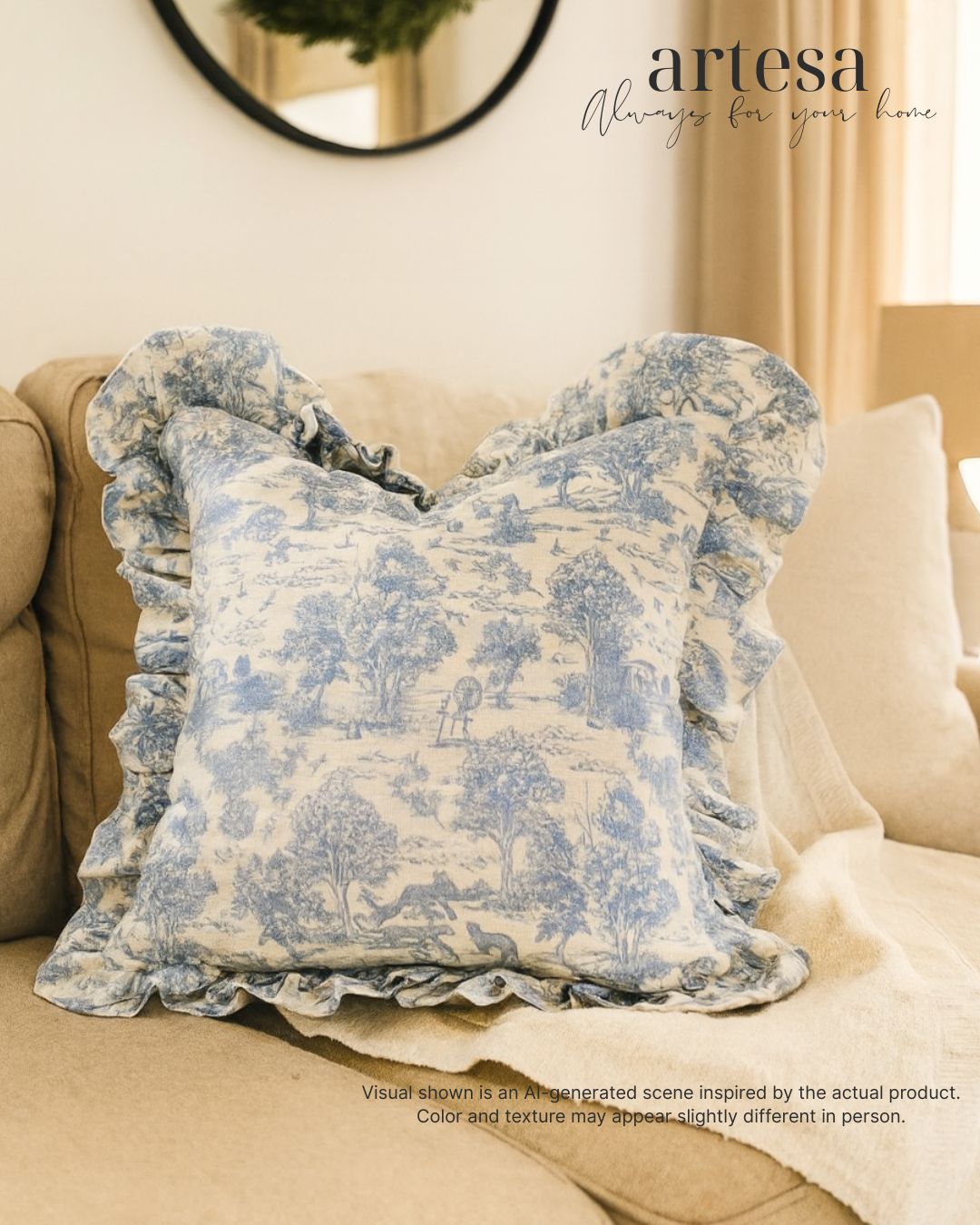 Artesa Premium Throw Pillow Covers | Cotton Linen TOILE DE JOUY CAROLINA BLUE