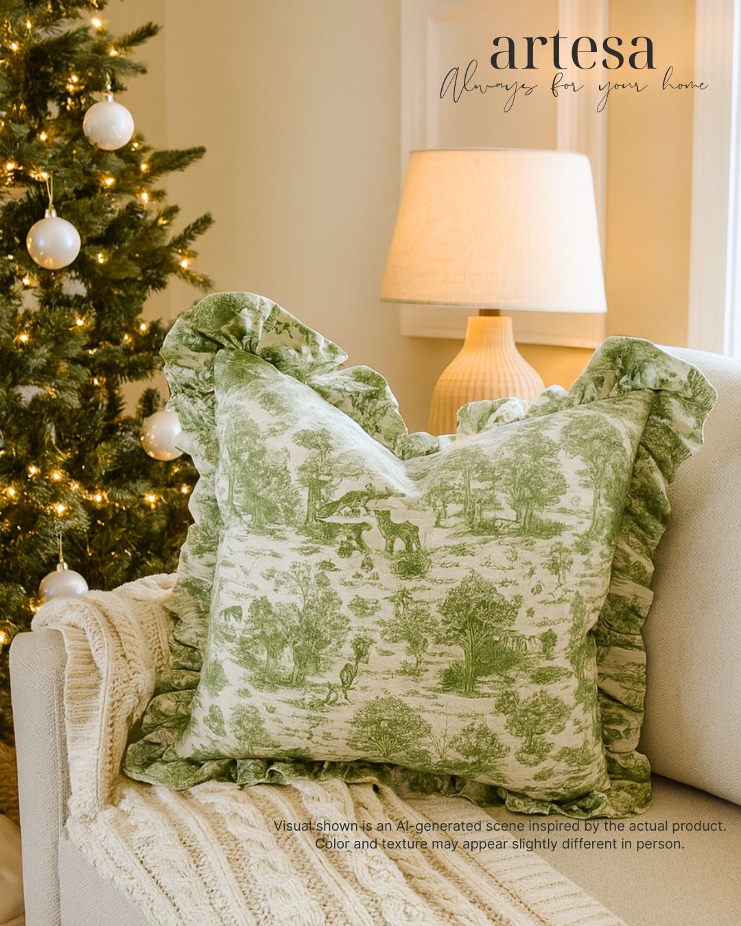 Artesa Premium Throw Pillow Covers | Cotton Linen TOILE DE JOUY OLIVE