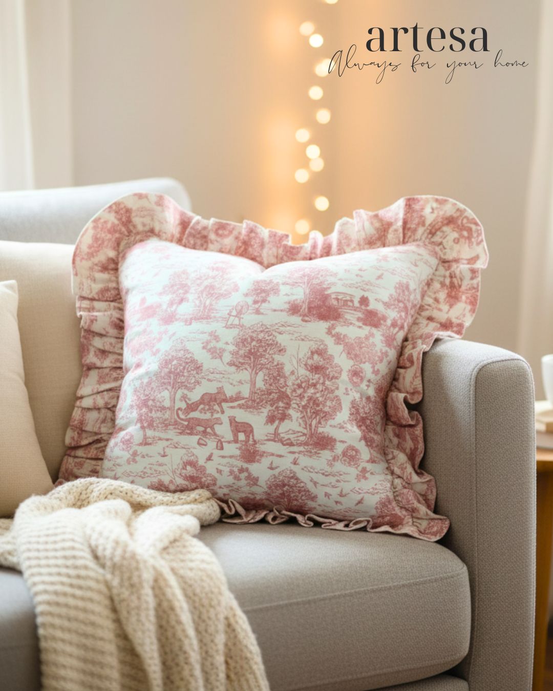 Artesa Premium Throw Pillow Covers | Cotton Linen TOILE DE JOUY BLUSH