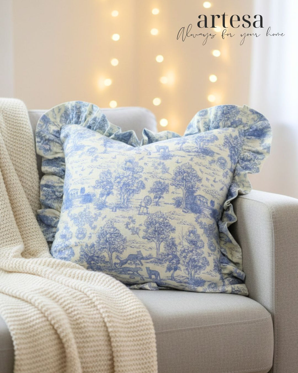 Artesa Premium Throw Pillow Covers | Cotton Linen TOILE DE JOUY CAROLINA BLUE