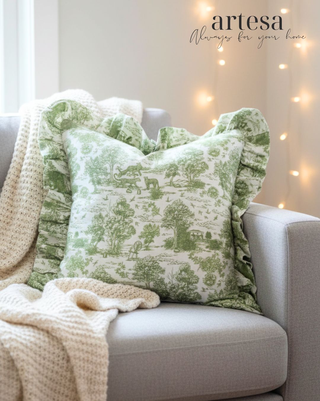 Artesa Premium Throw Pillow Covers | Cotton Linen TOILE DE JOUY OLIVE