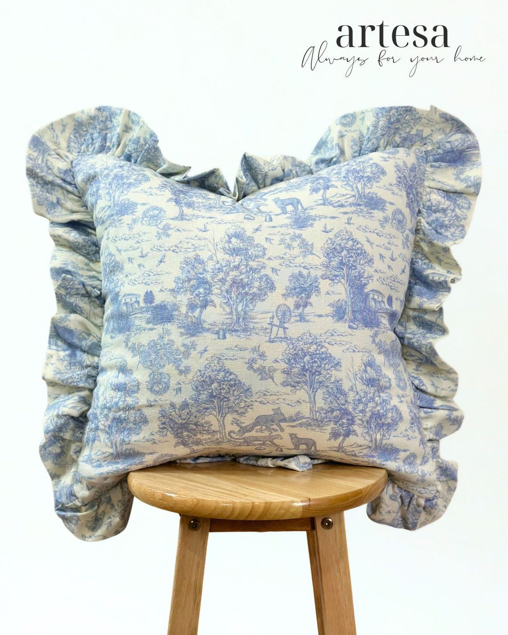 Artesa Premium Throw Pillow Covers | Cotton Linen TOILE DE JOUY CAROLINA BLUE