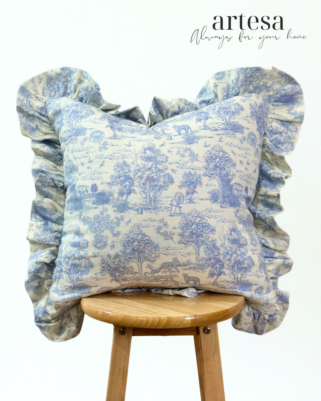 Artesa Premium Throw Pillow Covers | Cotton Linen TOILE DE JOUY CAROLINA BLUE