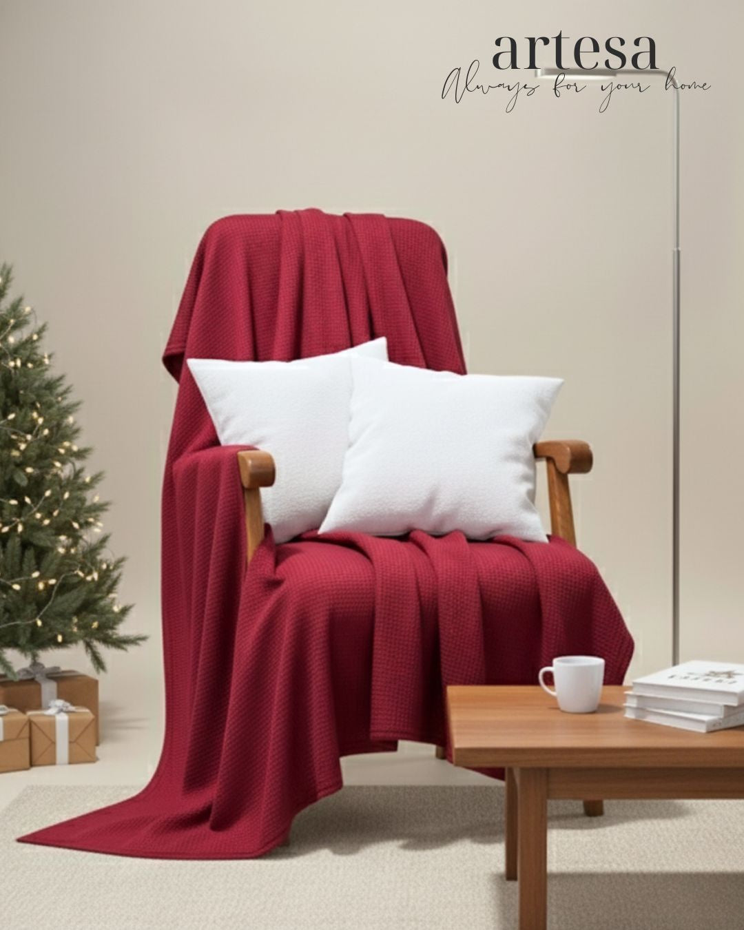 Artesa Premium Waffle Throw Blanket in Dark Ruby Red (New)