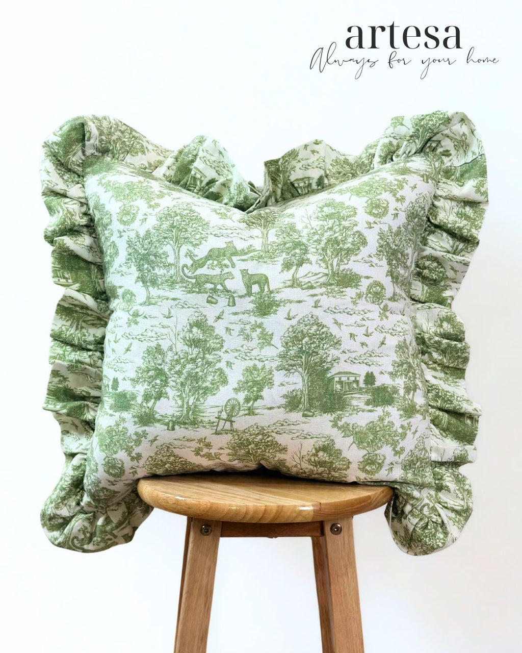Artesa Premium Throw Pillow Covers | Cotton Linen TOILE DE JOUY OLIVE