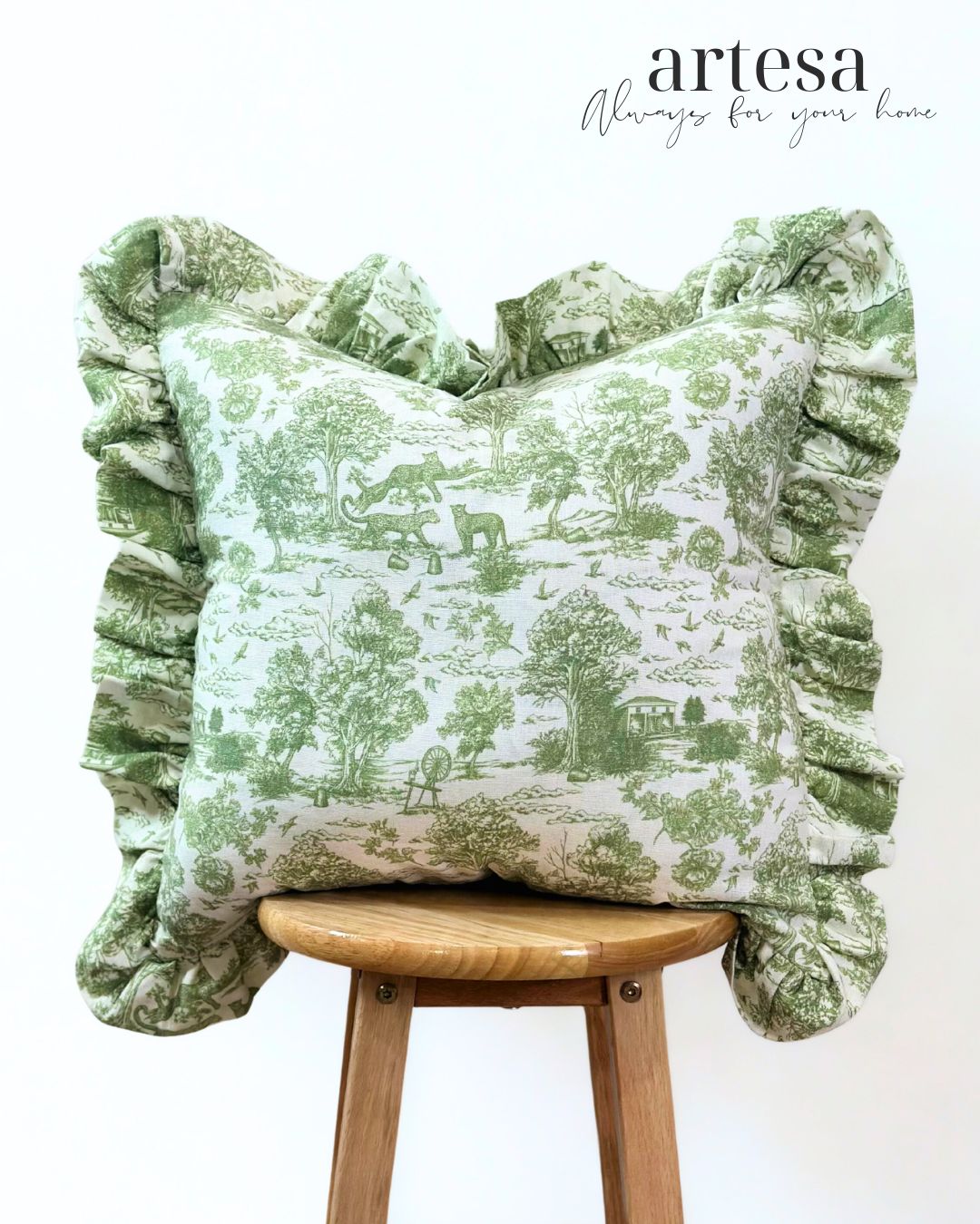 Artesa Premium Throw Pillow Covers | Cotton Linen TOILE DE JOUY OLIVE